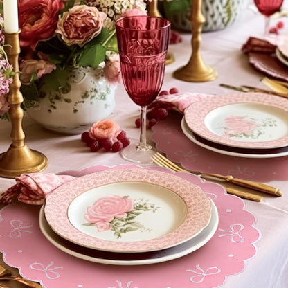 4 Pcs Pink Bow Placemats Coquette Embroidered Place Mats Pink Cotton Decorative Table Mats for Home Wedding Baby Shower Birthday Party Decor(Round Embroidered)