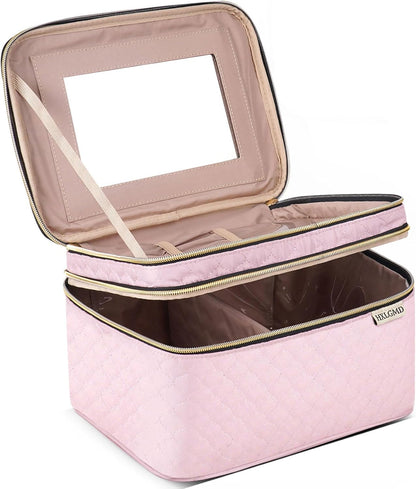 HXLGMD Large Makeup Bag with Mirror Double Layer Travel Make Up Organizer Case, Large Capacity Coemetic with Brush Slot Divider, Travel Toiletry Bag for Women (Pink)
