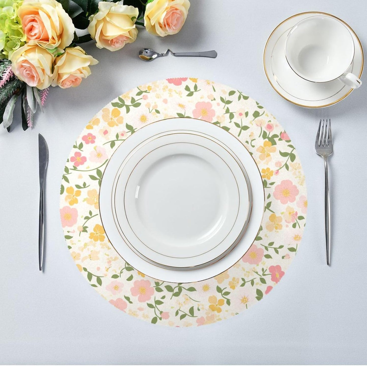 Buttercup and Sweet Potato Pattern White and Peach Round Rustic placemats Kids Reusable placemat Table mat Plate Waterproof Easter Place mats Indoor Set of 6 15.4x15.4in