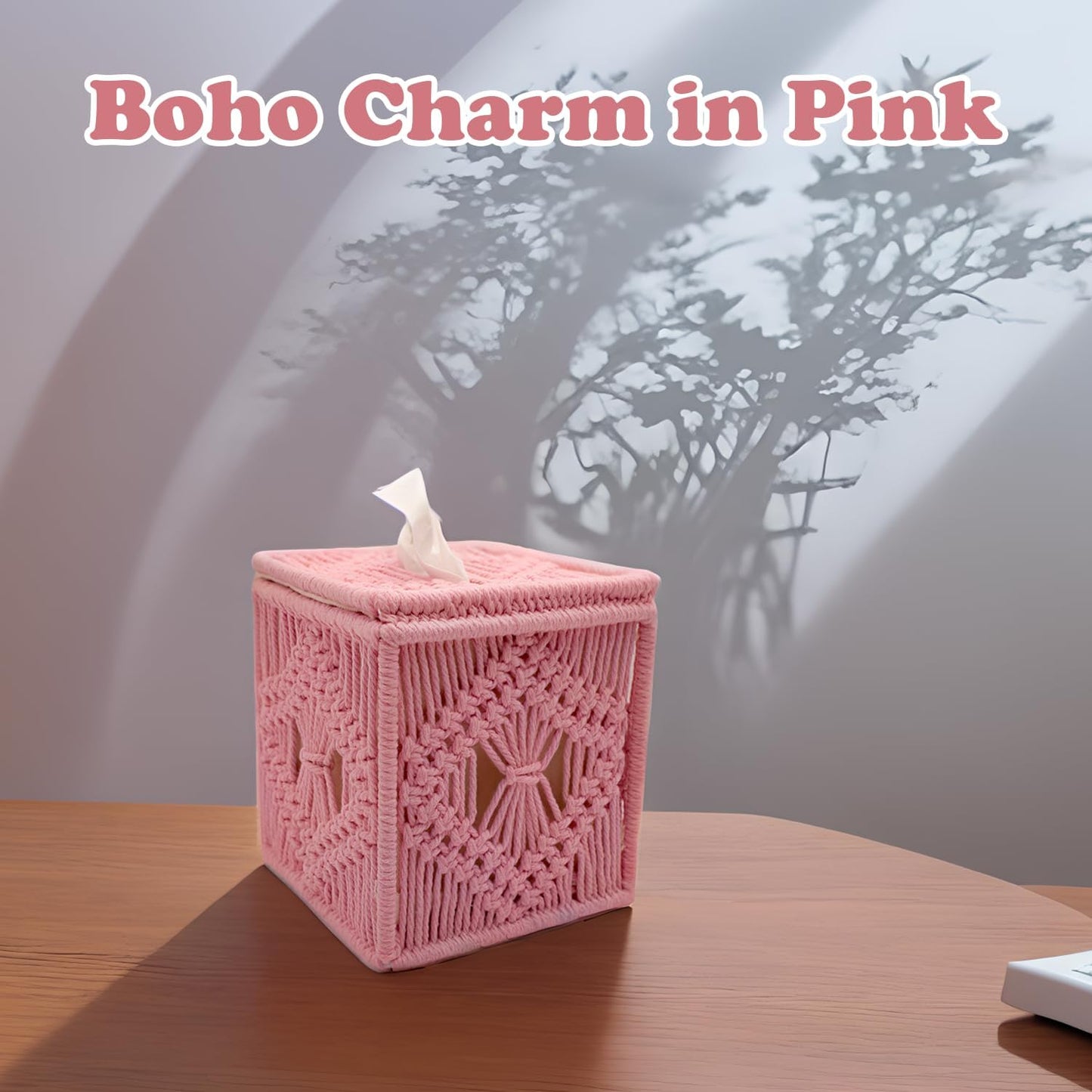 Handwoven Macrame Tissue Box Cover Boho Square Cute, Decorative Holder for Bathroom, Bedroom, Office with Flip-Top Lid & Closed-Bottom Design, 5.5"x5.5"x6" (Pink)