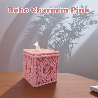 Handwoven Macrame Tissue Box Cover Boho Square Cute, Decorative Holder for Bathroom, Bedroom, Office with Flip-Top Lid & Closed-Bottom Design, 5.5"x5.5"x6" (Pink)