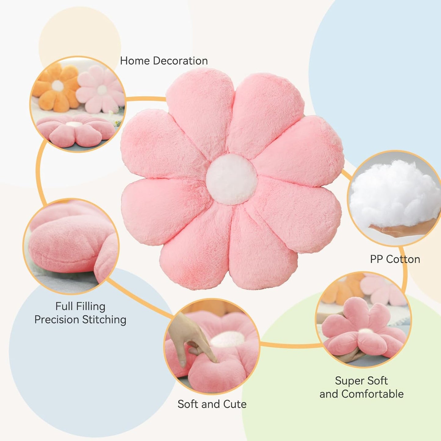 FIONOUT Pink Flower Pillow, 17.7In Daisy Pillow,Cute Floor Cushions, Room Decor & Flower Shaped Throw Pillows for Bed Couch Chair (45CM Pink)
