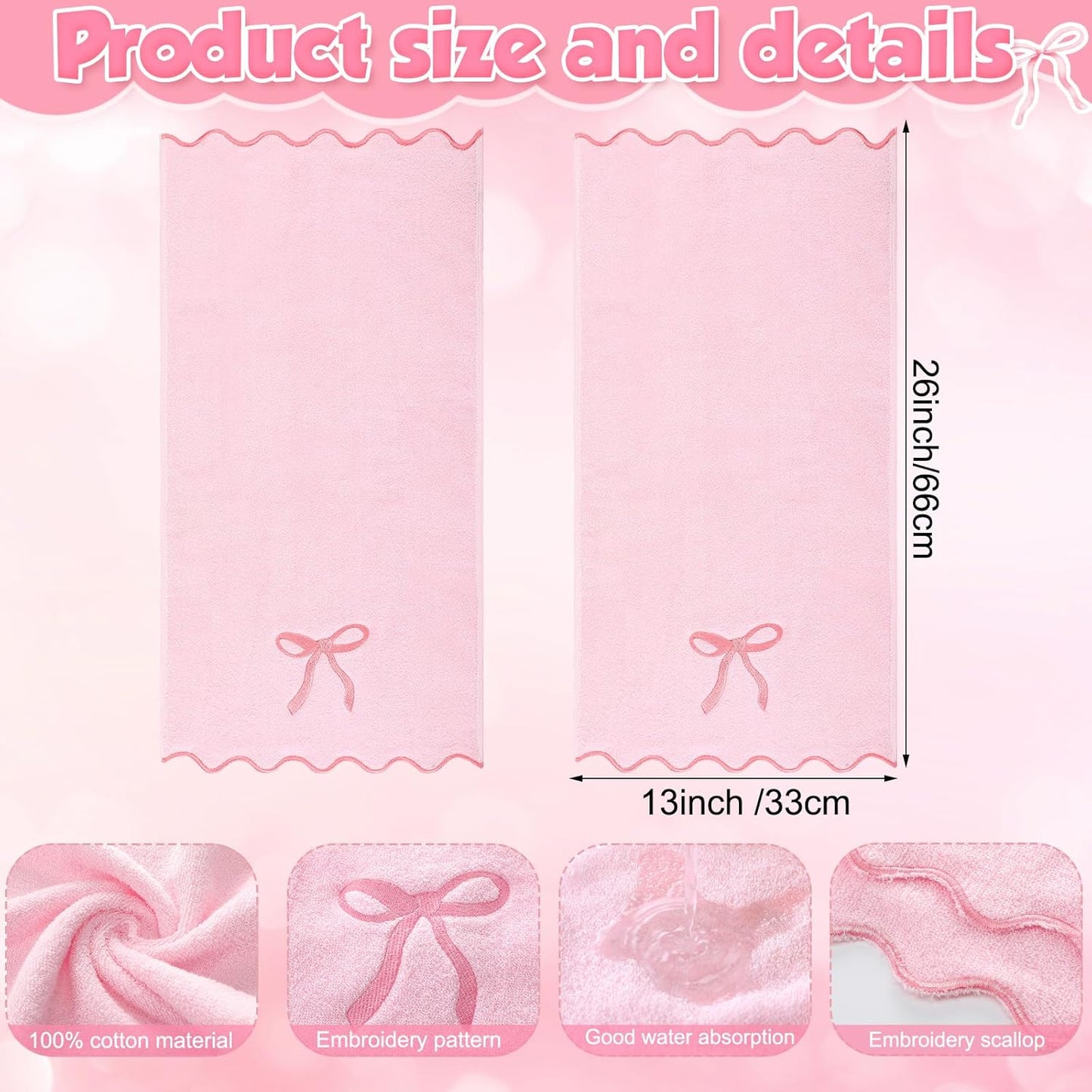 Fanfanwin 2 Pcs Pink Bow Scalloped Hand Towels for Bathroom 26 x 13 Inch Soft Embroidery Cute Coquette Bath Towels Fingertip 100% Cotton Soft Absorbent Boho Bath Decor for Kitchen Bathroom