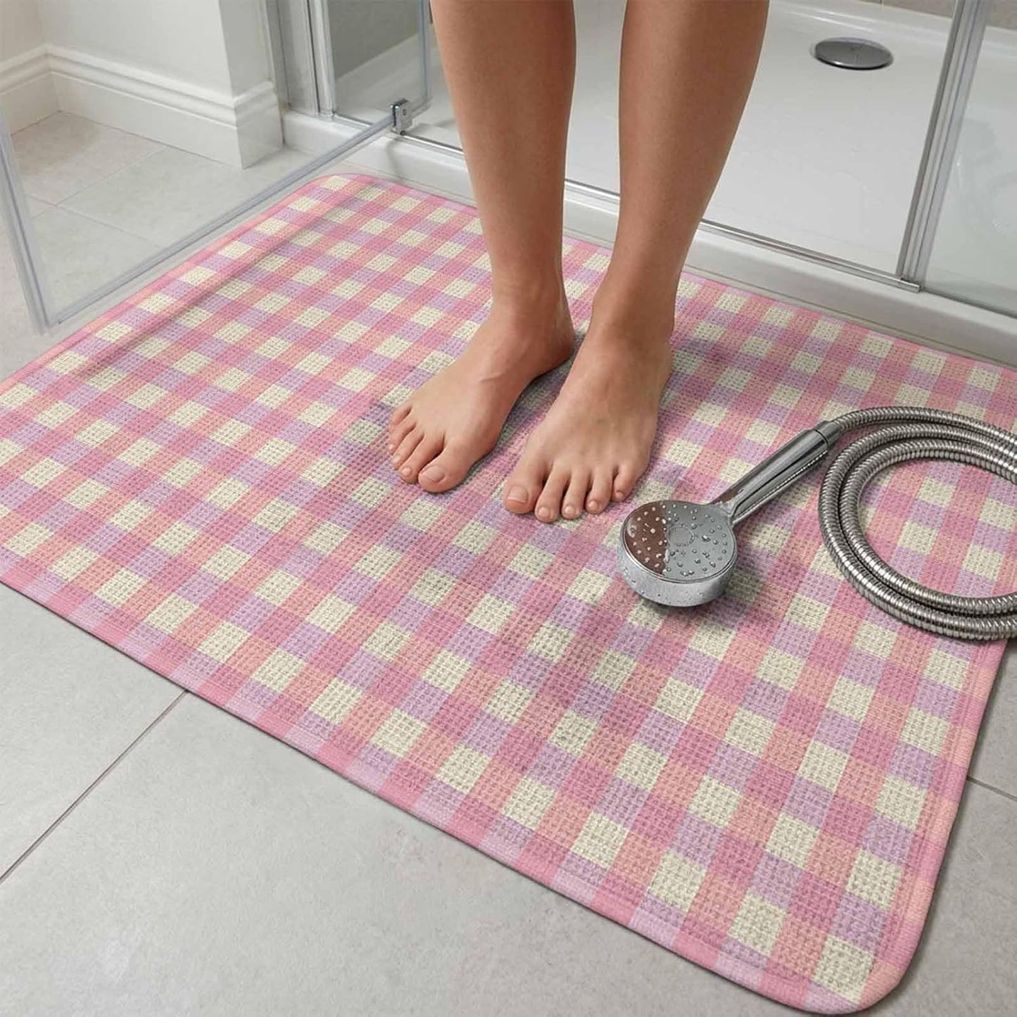 Bathroom Rugs 19.7x31.5 Inch, Pink Non Slip Rugs Washable Low Pile, Grid Checkered Plaid Gingham Lattice Trellis Front Door Mat Entryway Rug with Rubber Backing