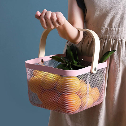 AJIODA Metal Mesh Steel Basket, Storage Organizer Basket Multi-functional Hanging Kitchen Baskets Fruit Basket Bin with Bamboo Handle for Kitchen Bathroom Picnic Shopping Decor Cabinet Home, Pink