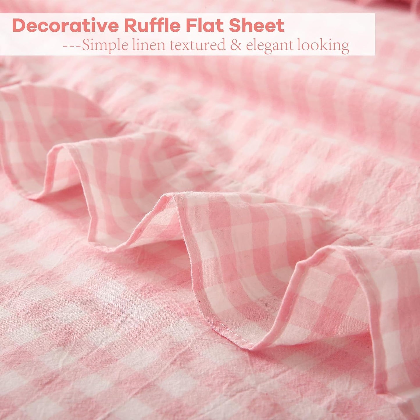 Peach Blush White Plaid Ruffle Gingham Sheets Full Size 4-Piece Set, 300TC 100% Yarn Dyed Cotton Sheets 18 in Deep Pocket Kids Preppy Decorative Bedding (Blush/White Plaid, Full)