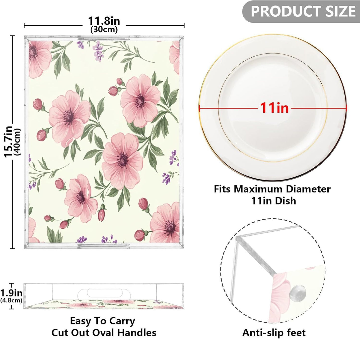 Pink Flowers Acrylic Serving Tray with Handles,Clear Serving Tray Decorative Organiser for Ottoman, Kitchen, Bedroom Decorative 12x16 Inches