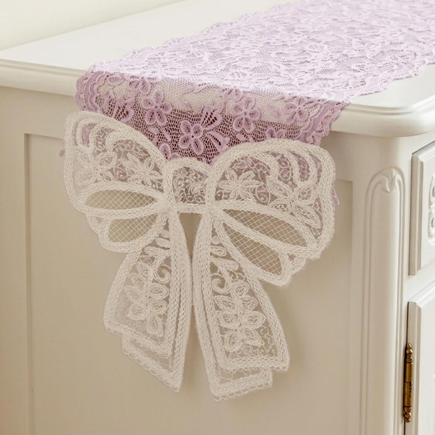 Pink Lace Table Runner with Big Bow Ends, Rectangle Cute Doily Table Runner Embroidered Pink Lace Tablecloth French Style Bow Tablecloth for Wedding Home Party Decor