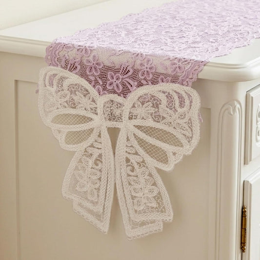 Pink Lace Table Runner with Big Bow Ends, Rectangle Cute Doily Table Runner Embroidered Pink Lace Tablecloth French Style Bow Tablecloth for Wedding Home Party Decor