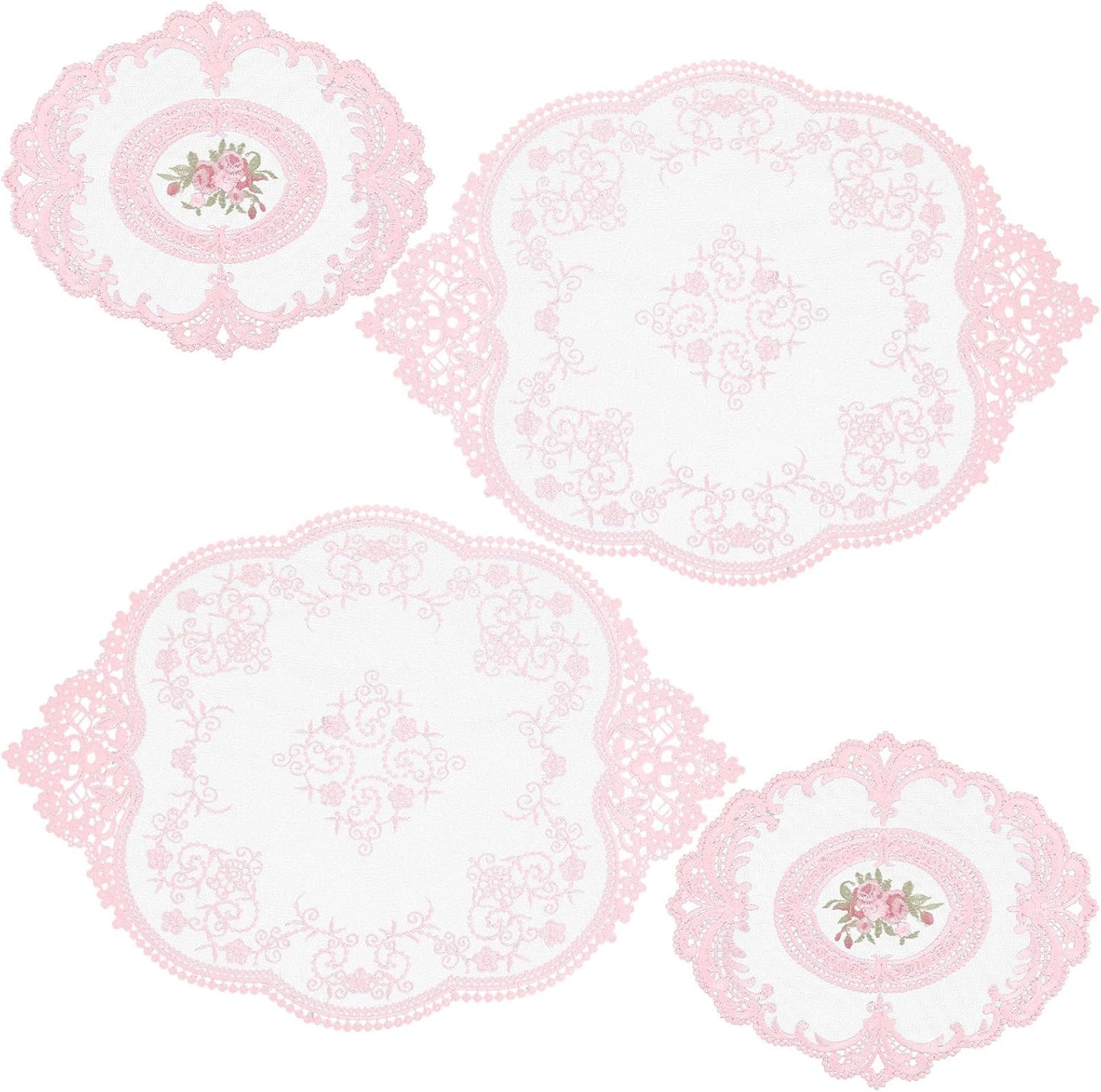 Amabro 4Pcs Lace Doilies for Tables Retro French Style Lace Placemats Doilies for Tables Fashionable Floret French Crochet Coasters Elegant and Retro Cup Mats Home Wedding Furniture Decor(Pink)