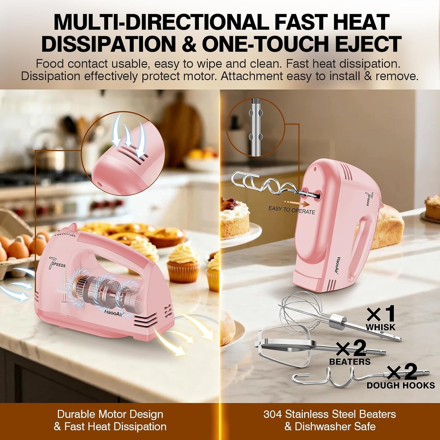 Electric Kitchen Mixer, Small 7-Speed Mixer, Dishwasher-Safe 304 Accessories (1 Whisk, 2 Dough Hooks, 2 Beaters), Mixes Various Ingredients, for Both Beginners and Bakers, Pink