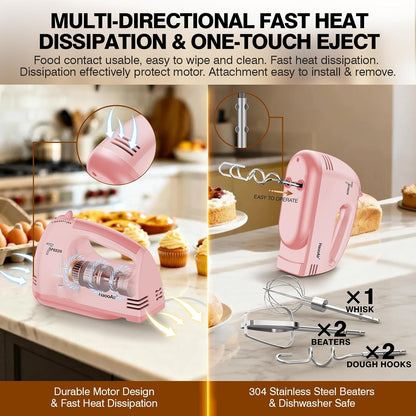 Electric Kitchen Mixer, Small 7-Speed Mixer, Dishwasher-Safe 304 Accessories (1 Whisk, 2 Dough Hooks, 2 Beaters), Mixes Various Ingredients, for Both Beginners and Bakers, Pink