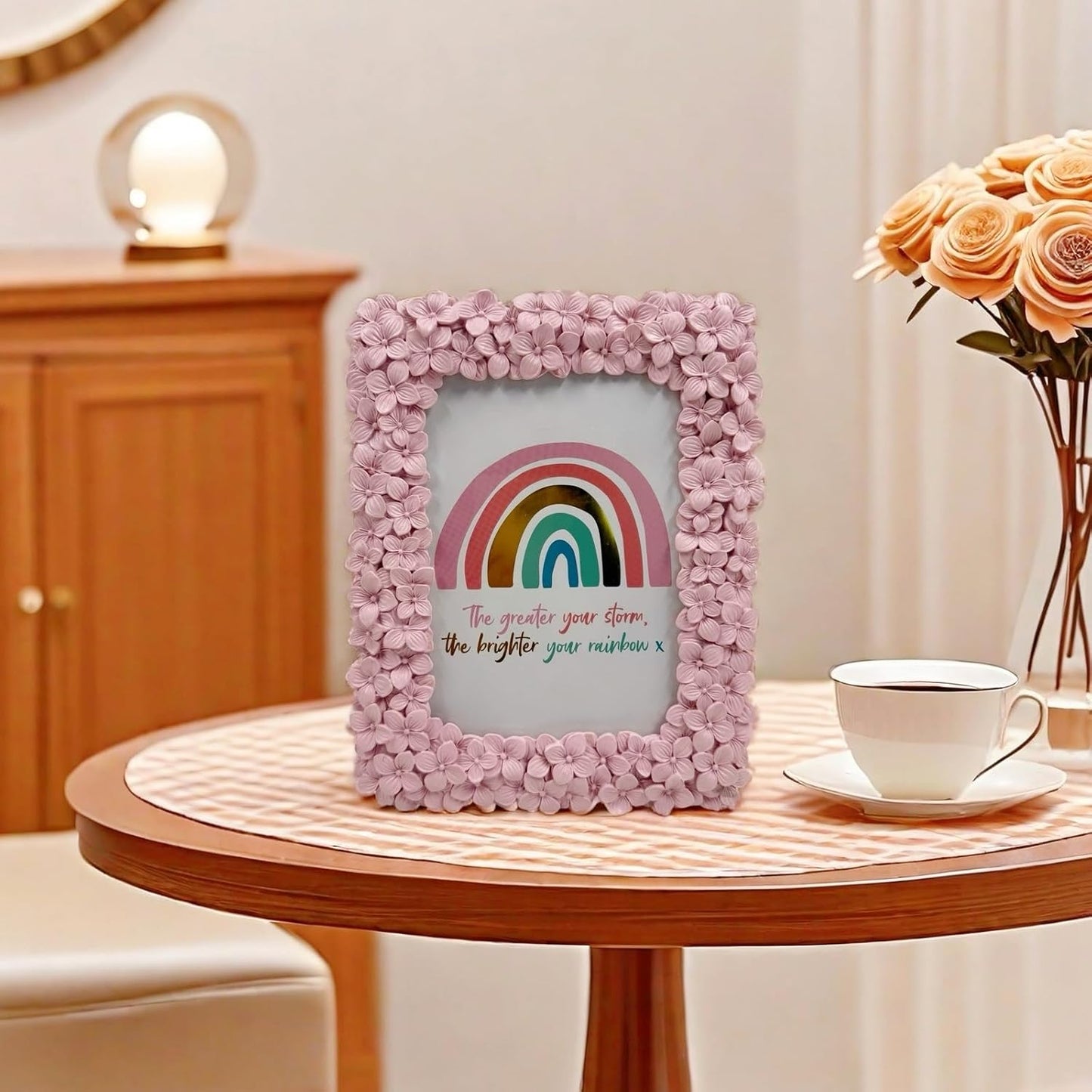 5x7 Ornate Picture Frame Embossed Flower Art Deco Photo Frames 5 x 7 Floral for Wall and Tabletop Display with Glass Retro Home Decor (Pink)
