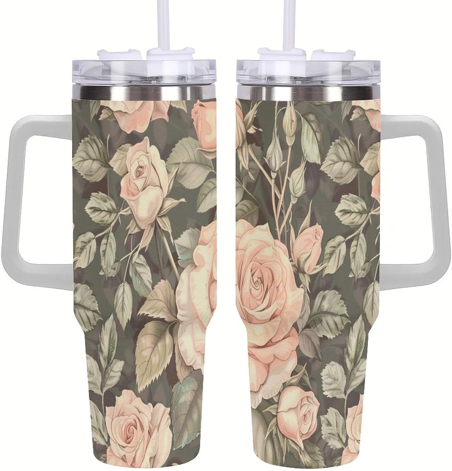 40oz Tumbler with Handle, Peach Roses Green Leaves Pattern Printed Stainless Steel Travel Mug, Insulated Car Cup with Straw, Keeps Drinks Hot & Cold, Personalized Gift for Women & Men