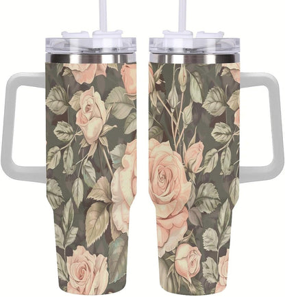 40oz Tumbler with Handle, Peach Roses Green Leaves Pattern Printed Stainless Steel Travel Mug, Insulated Car Cup with Straw, Keeps Drinks Hot & Cold, Personalized Gift for Women & Men