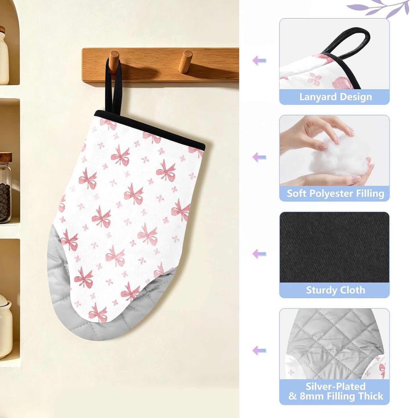 2 Pack Oven Mitt Set Light Pink Pastel Bows Oven Mitt Microwave BBQ Baking Cooking Kitchen Decor Accessories