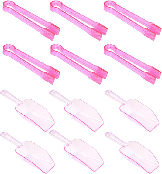 12Pcs Clear Plastic Ice Scoops Tongs Set, Small Tongs for Serving Food, Mini Candy Scoops for Candy Buffet Dry Goods Freezer Bin Canisters (Clear Pink)