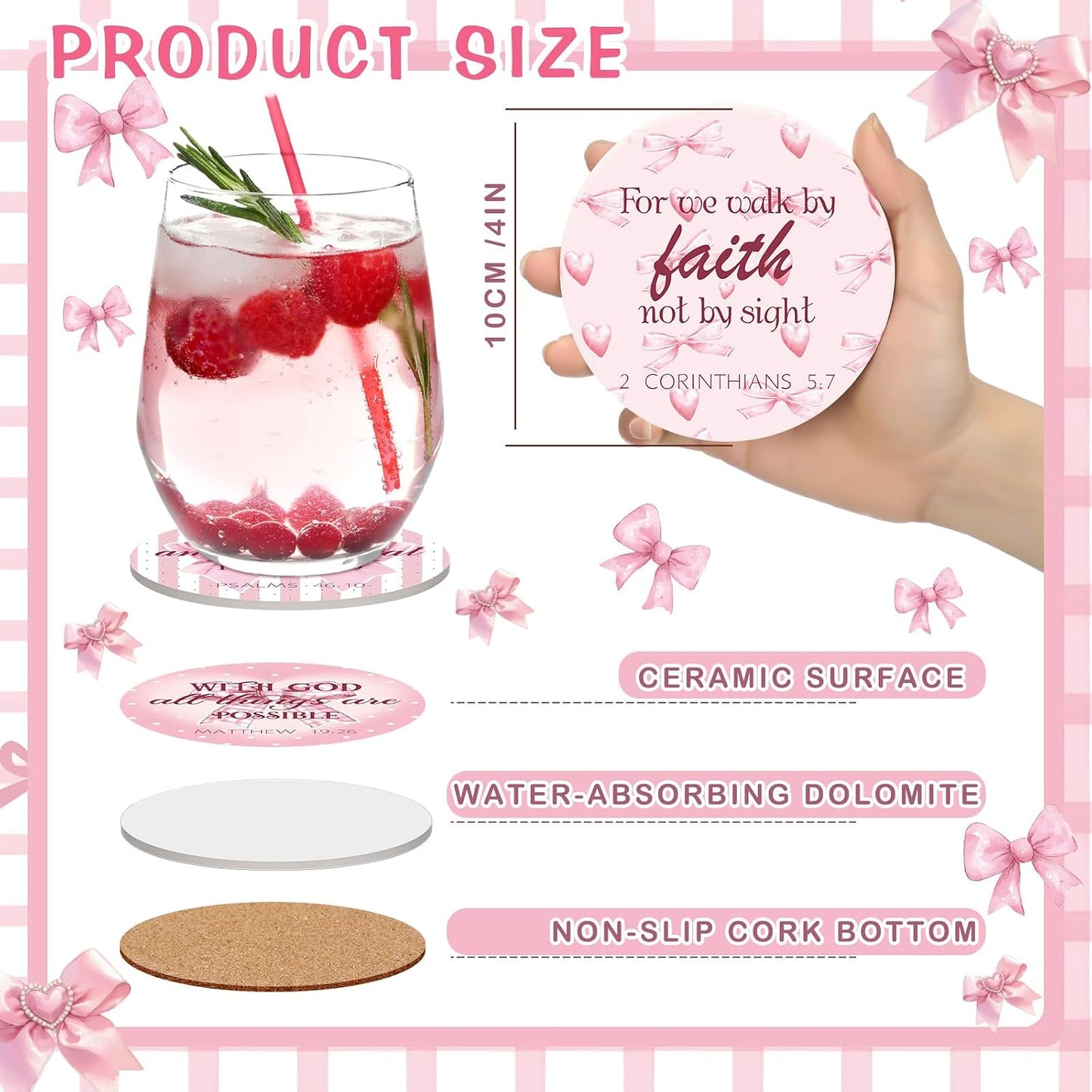 Hushee Valentines Christian Pink Bow Coquette Coasters with Bible Verses Coasters Set of 8 Bowknot Mini Drink Ceramic Pink Inspirational Quotes for Party Home Office Table Galentines Gifts