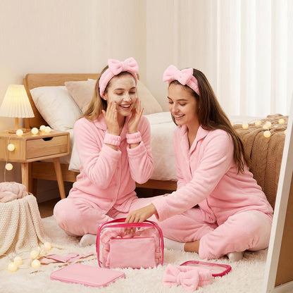 24Pcs Spa Sleepover Party Supplies for Girls,6 Spa Headbands 6 Clear Cosmetic Bags 6 Hair Ties 6 Face Towels,Sleepover Stuff for Valentine Galentine Party(Pink)