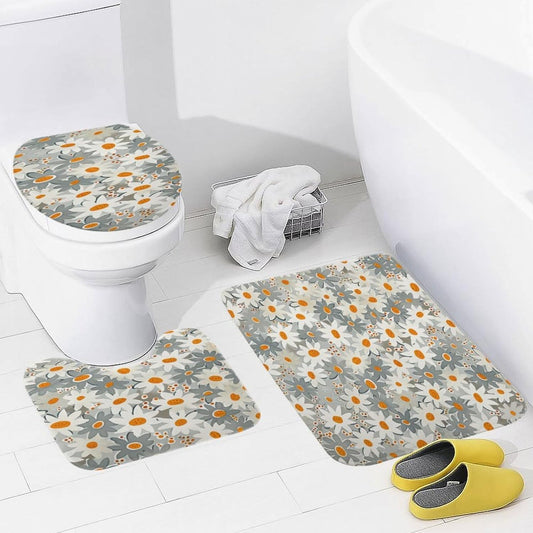 Bathroom Rugs and Mats Set 3 Piece Nonslip Small Daisies in Light Grey and White Bath Rug and U-Shape Contoured Toilet Mat & Toilet Lid Cover Mat Blush Pink Flower Bath Carpet Bath Mats 20"x32"