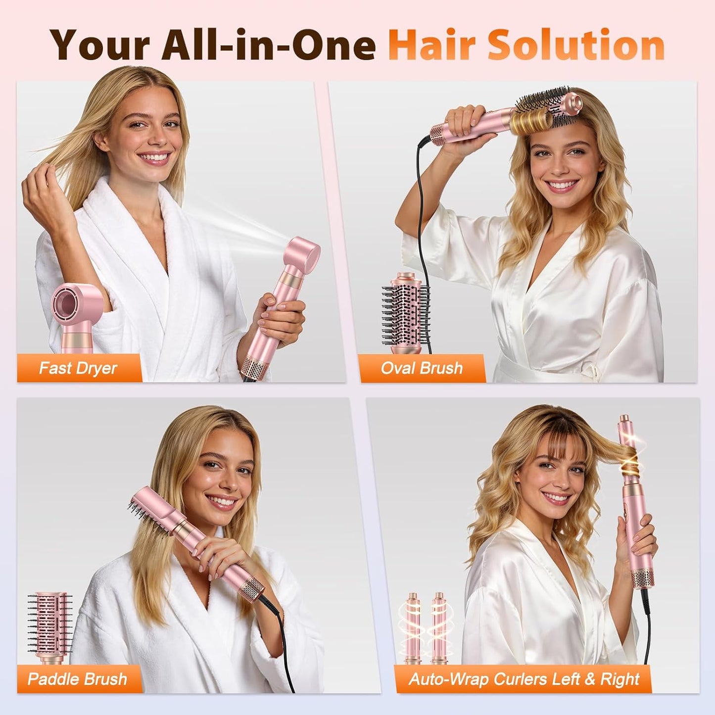 5 in 1 Blow Dryer Brush Set, Upgrade Hair Dryer & Blow Dryer Brush & Air Curling Wrap & Paddle Brush, Detachable Hot Air Brush Styling Tools, High Speed Travel Hair Volumizer Straightener Curler Pink