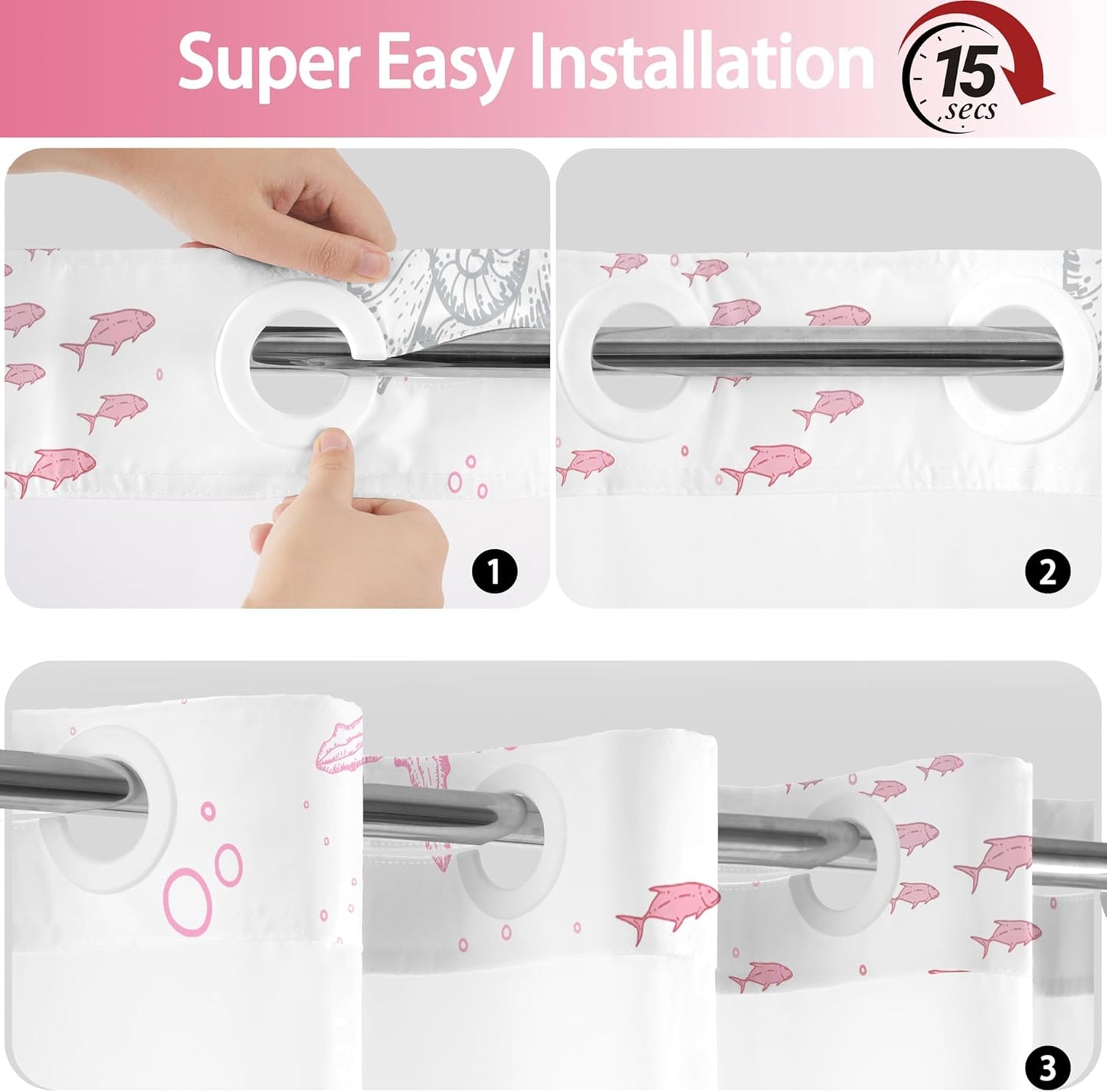 Extra Long No Hook Shower Curtain with Snap in Liner, Beach Ocean Nautical Coastal Shower Curtains and Liner Set for Bathroom, Seashell Fabric Bath Curtain, Waterproof Washable, Pink 71"x84"