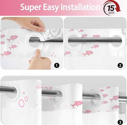 Extra Long No Hook Shower Curtain with Snap in Liner, Beach Ocean Nautical Coastal Shower Curtains and Liner Set for Bathroom, Seashell Fabric Bath Curtain, Waterproof Washable, Pink 71"x84"