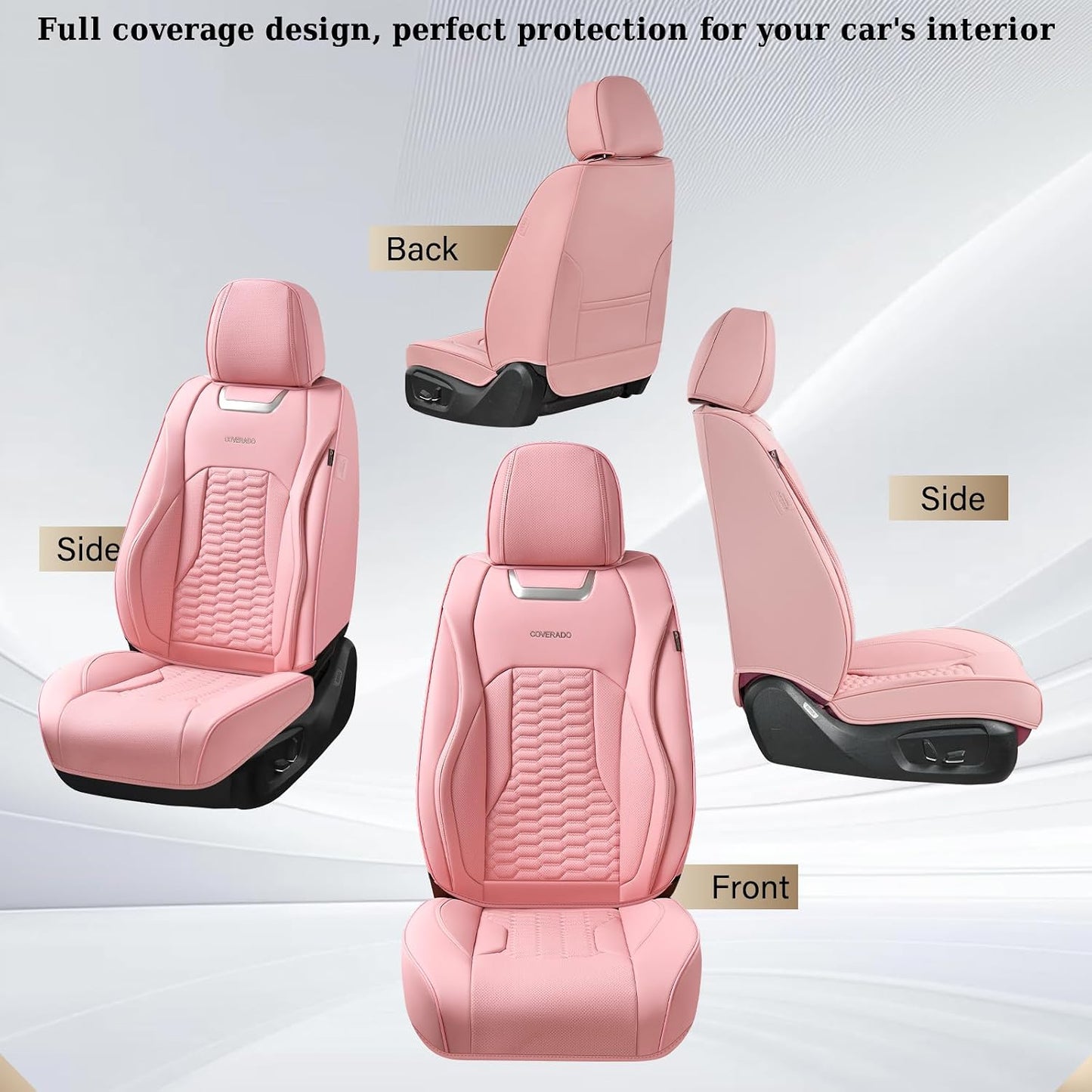Coverado Car Seat Covers Full Set, 5 Seats Pink Seat Covers for Cars, Nappa Leather Waterproof Car Seat Covers Automotive Seat Covers Interior Accessories Universal Fit Most Cars