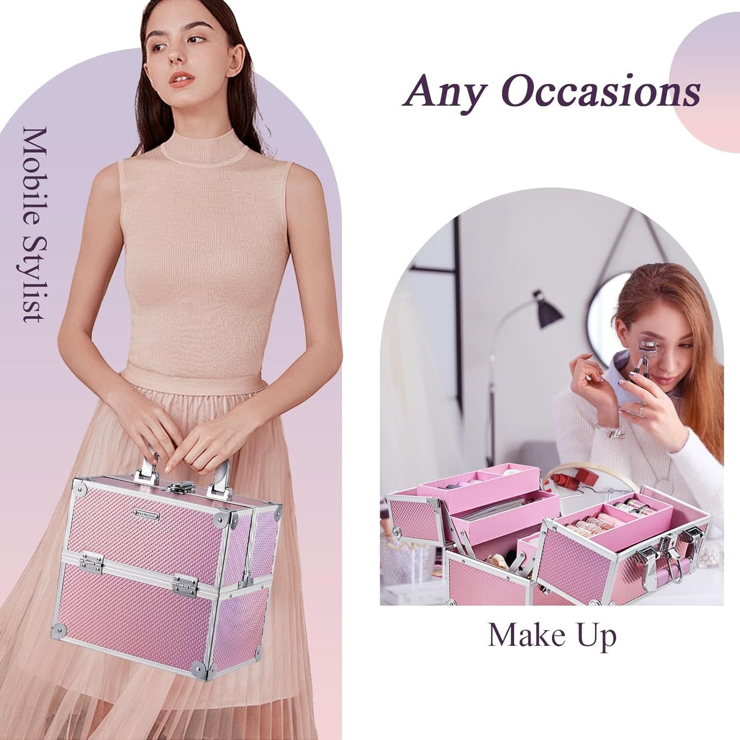 Frenessa Makeup Case Makeup Box Cosmetic Organizer Case Portable Make Up Artist Travel Case Storage Box 4 Trays with Dividers Lockable Hard Train Case Nail Tech Supply Storage Mermaid Pink