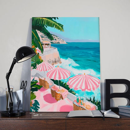 Pink Beach Umbrella Coastal Wall Art Pastel Ocean Canvas Print for Girly Apartment Bedroom Decor, Retro Mediterranean Vacation Poster for Cute Aesthetic Preppy Room Aesthetics