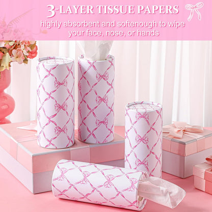 Faccito 4 Pack Car Tissue Holder with 50 3-ply Facial Tissues Bulk Pink Bow Cylinder Container Refill Box Round Portable Travel Tissue Dispenser Coquette Decor for Car Cup Holder Home Office Party