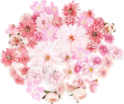 LACGO 48 PCS Fake Flowers Heads - Artificial Flower Heads Bulk Silk Faux Rose DIY Flower Embellishments Blossom Wreath Bouquets for Crafts Wedding Bridal Party Baby Shower Home Decoration(Pink)