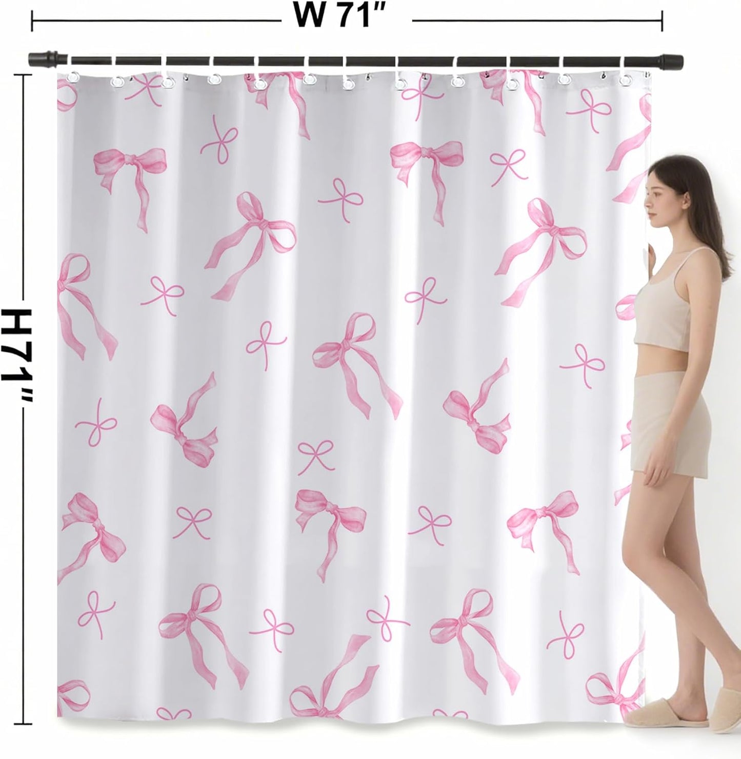 Mocsicka Pink Shower Curtain Coquette Preppy Bow Shower Curtain for Bathroom Modern Aesthetic Fabric Shower Curtain Set with Hooks 71x71 Inch (Pink, 71x71 inch)