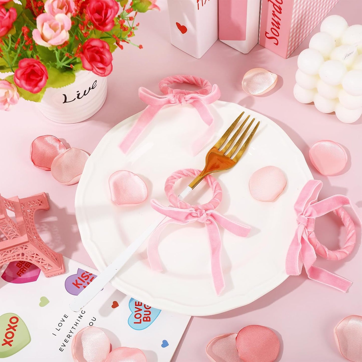FYSUIMU 10Pcs Pink Bow Napkin Rings Velvet Coquette Bowknot Napkin Holder Napkins Buckle Dinner Table Ring for Wedding Baby Shower Party Table Decor
