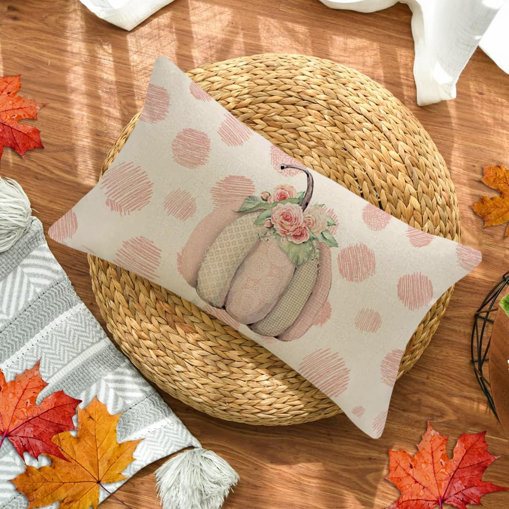 Fall Pumpkin Pillow Covers 12x20 Polka Dot Pumpkin Flower Pillows Seasonal Autumn Thanksgiving Farmhouse Decorative Lumbar Throw Pillow Cushion Cases for Sofa Couch (Pink)