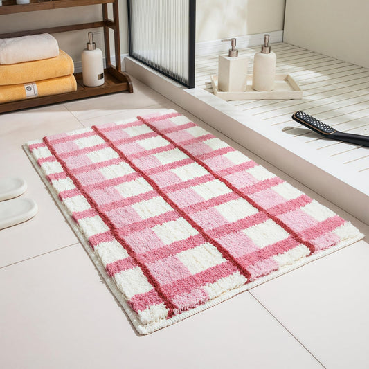 GIB Bathroom Rugs Mat 32" x 20", Extra Soft Absorbent Plush Fluffy Bath Rugs, Non-Slip Washable Bath Mats for Bathroom Floor Shower Home Decor Accessories, Soft Pink & Cream Checkered with Red Accents