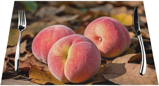 Pink Peach Fruit Fall Placemats Set of 4 PCS - Woven Vinyl Kitchen Table Placemats - Heat Resistant Non-Slip Place Mats for Dining Table, Washable Indoor Outdoor Table Mats 12x18 Inch