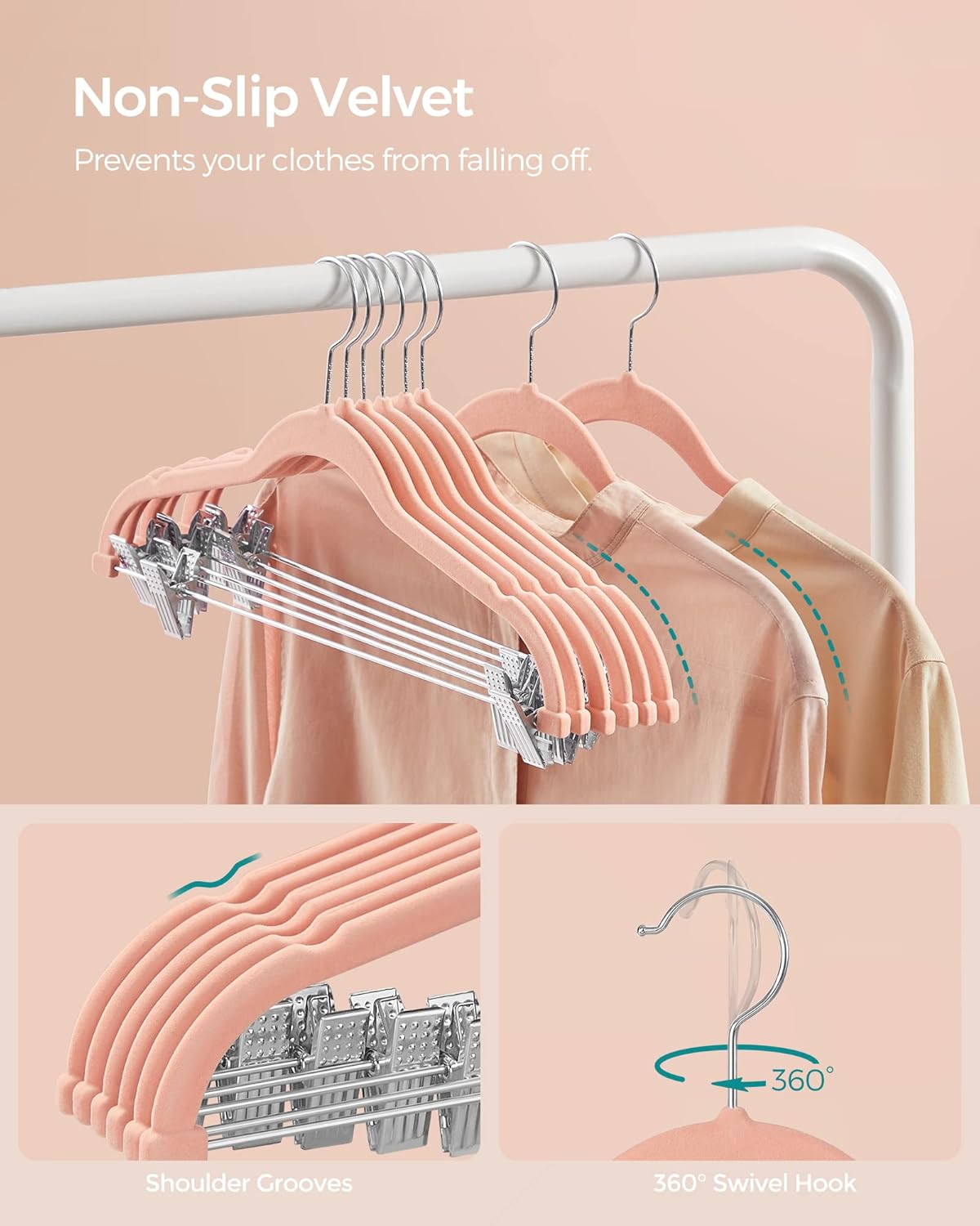 SONGMICS 30-Pack Pants Hangers, 16.7-Inch Long Velvet Hangers with Adjustable Clips, Heavy-Duty, Non-Slip Skirt Hangers, Space-Saving for Pants, Skirts, Coats, Dresses, Light Pink UCRF12PK30