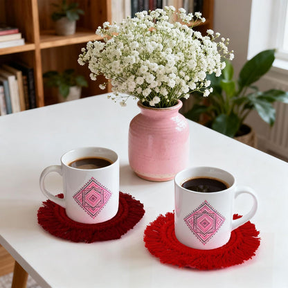 Whaline 4Pcs Boho Macrame Coasters Handmade Woven Drink Coasters Red Pink Farmhouse Cup Mat Pad for Home Kitchen Office Valentine's Day Party Table Decor