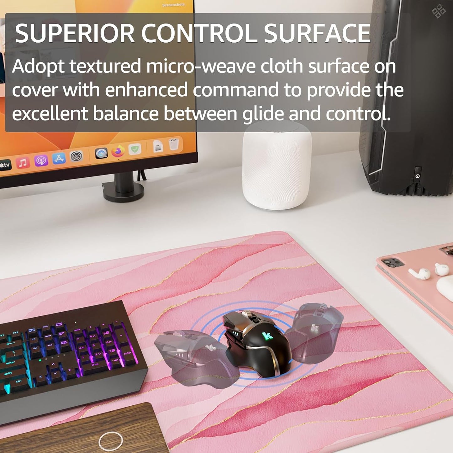 KTRIO Large Gaming Mouse Pad Desk Mat, Superior Micro-Weave Cloth, Non-Slip Rubber Base, Stitched Edges, Water-Resistant, for Gamer, Office & Home, 31.5 x 15.7 Inch，Pink Glow