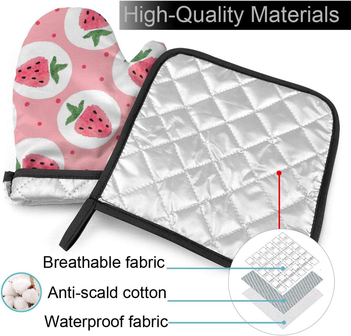 Pink Strawberry Oven Mitts and Pot Holders Sets Heat Resistant Cute Oven Gloves with Non-Slip Surface for Safe BBQ Cooking Baking Grilling Set of 2