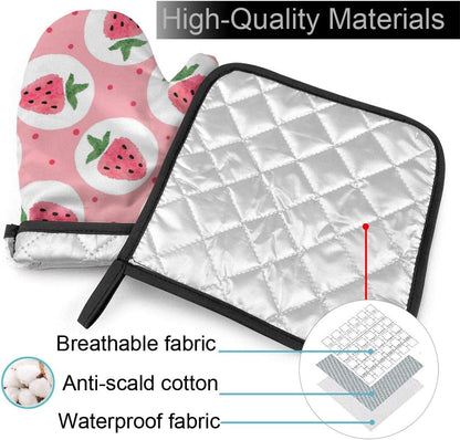 Pink Strawberry Oven Mitts and Pot Holders Sets Heat Resistant Cute Oven Gloves with Non-Slip Surface for Safe BBQ Cooking Baking Grilling Set of 2