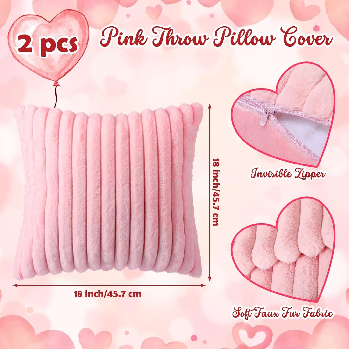 Leinuosen Set of 3 Pink Heart Throw Pillow and 18" Pillow Covers Soft Fluffy Faux Rabbit Fur Mother's Day Decorative Heart Pillows with Furry Stripe Pillowcase for Wedding Bed Couch Home Room Decor