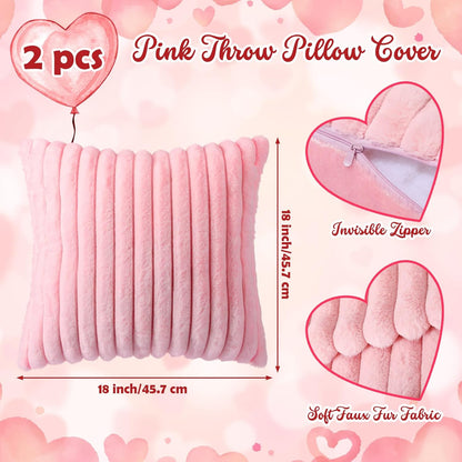 Leinuosen Set of 3 Pink Heart Throw Pillow and 18" Pillow Covers Soft Fluffy Faux Rabbit Fur Mother's Day Decorative Heart Pillows with Furry Stripe Pillowcase for Wedding Bed Couch Home Room Decor