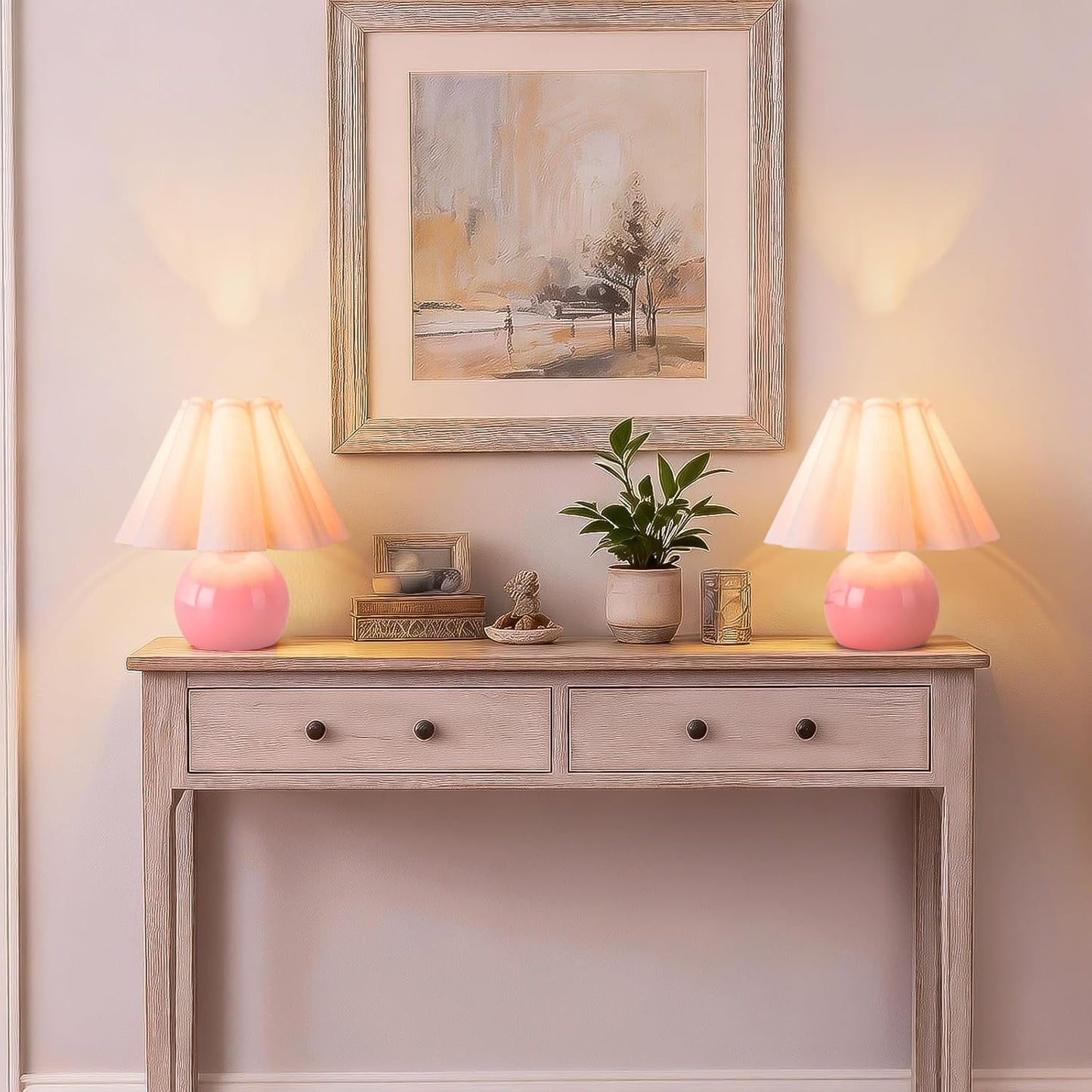 Pink Small Bedside Mini Table Lamp for Bedroom, Cute Bedroom Lamps for Nightstand, Cute Mini Table Lamps for Small Spaces with Scalloped Shade for Kitchen Counter, Bookshelf, Kids Dorm, Home Office