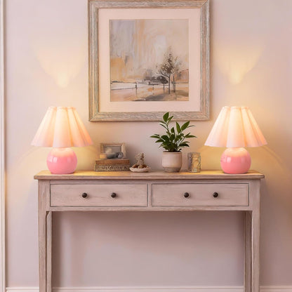 Pink Small Bedside Mini Table Lamp for Bedroom, Cute Bedroom Lamps for Nightstand, Cute Mini Table Lamps for Small Spaces with Scalloped Shade for Kitchen Counter, Bookshelf, Kids Dorm, Home Office