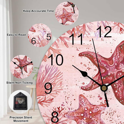 LooPoP Wall Clock Red Pink Starfish Clocks PVC Silent Non-Ticking Battery Operated Decorative Coastal Ocean Coral Round Clock for Home Living Room Kitchen Bedroom Office School Wall Decor 14 Inch