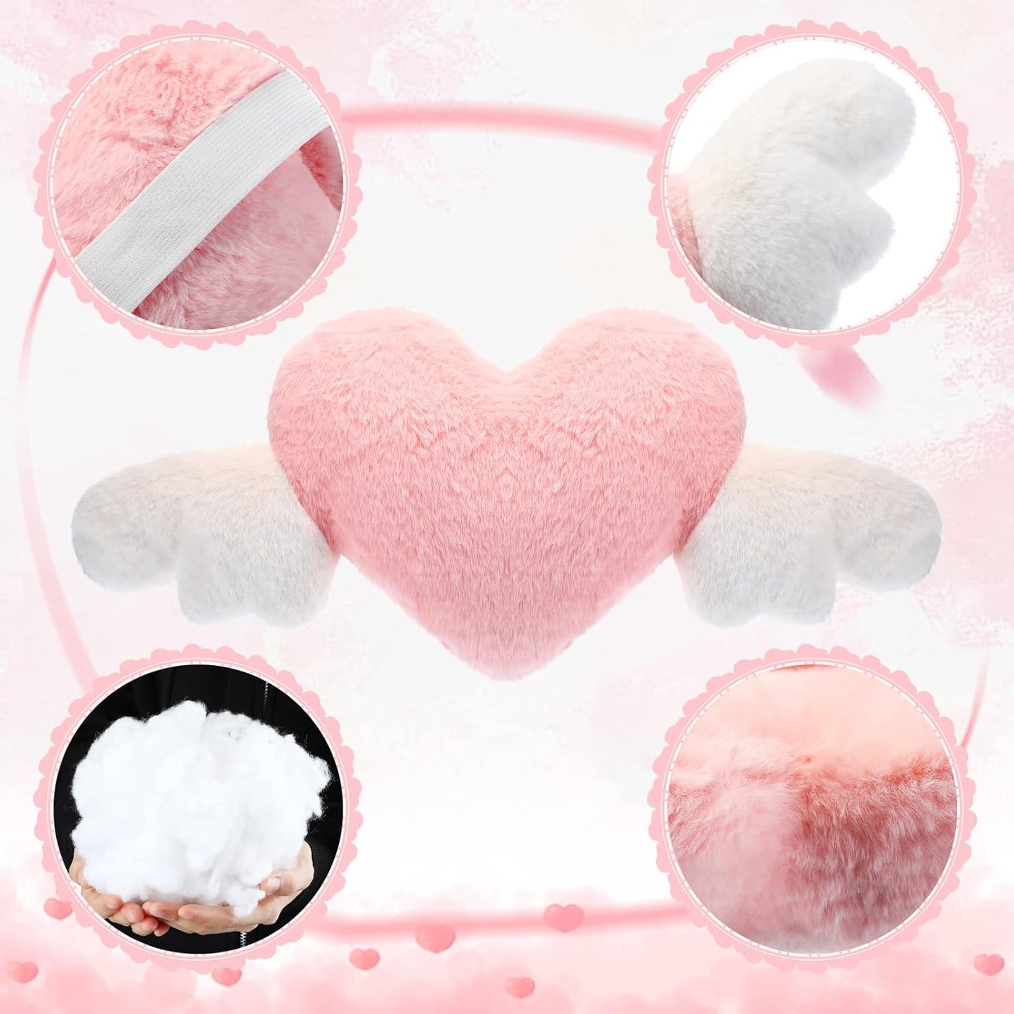 Macarrie 2 Pcs Plush Heart Shaped Pillow with Angel Wings Car Headrest Soft Comfortable Seat Pillow for Driving Travelling Room Office Car Decor, 19.7 x 8.3 Inch(White, Pink)