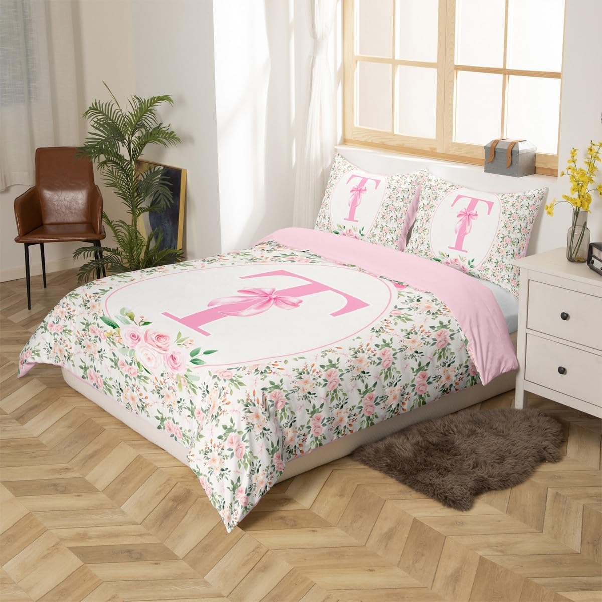 Erosebridal Peach Blossom Duvet Cover Twin Size Letter T Bedding Set for Kids Girls WomenPreppy Kawaii Coquette Girly Comforter Cover Fashion Princess Dreamy Ribbon Bow Bedclothes