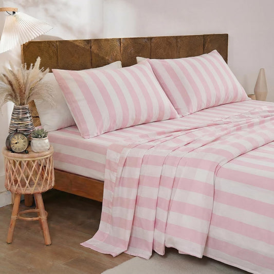 Merryword 100% Cotton Sheet Set Queen Size - Pink and White Stripes Bedding, Soft Breathable Percale Weave, Wide Stripe Deep Pocket Sheet 17.5", Luxury Linen Like, 4-Piece All Season Bedding